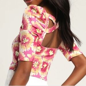 Free People Give Me More Pink Multi Floral Half Sleeve Crop Top Crisscross Back